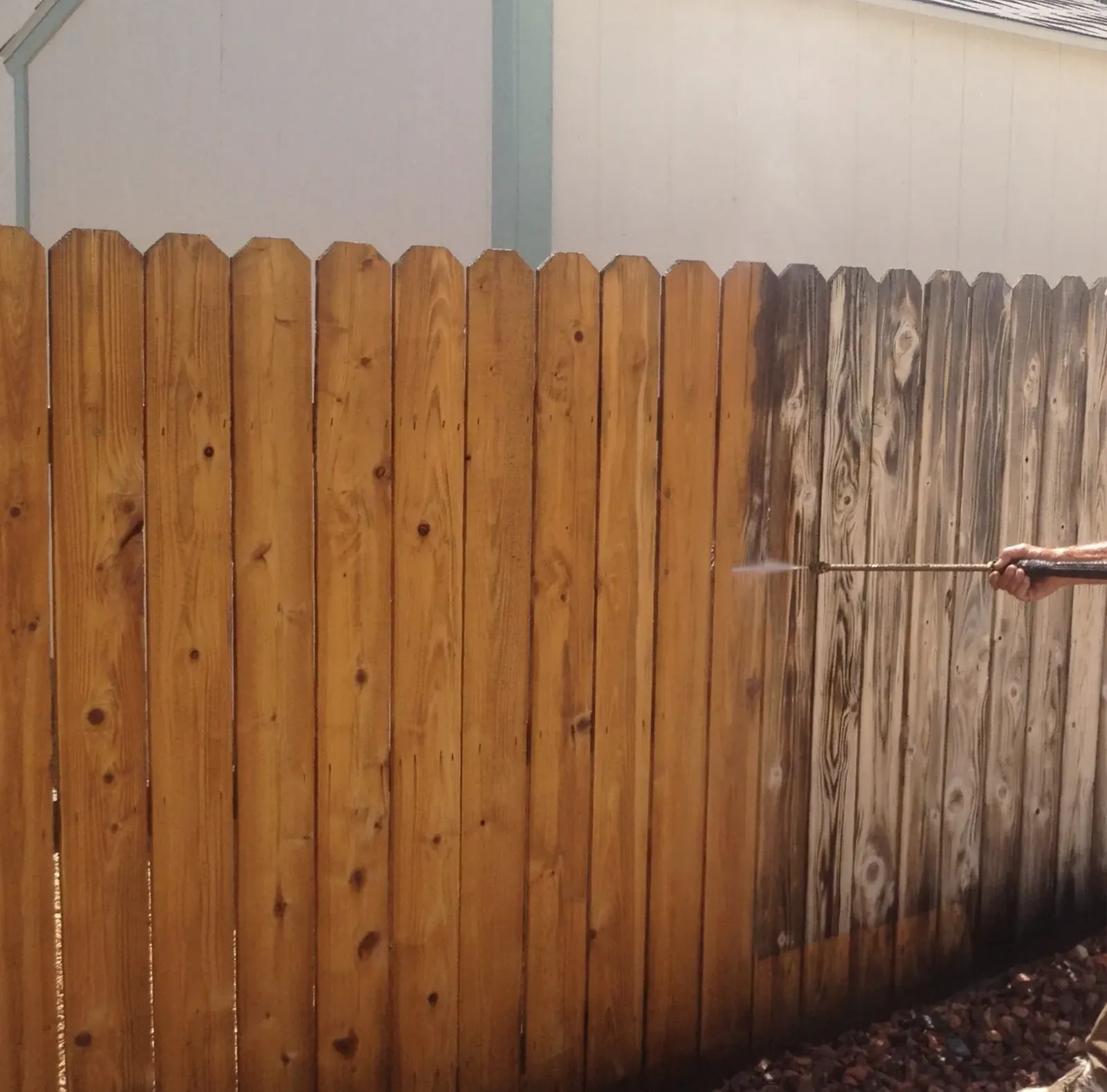 Wood privacy fence with the new stain on one side and weathered grey boards on the other